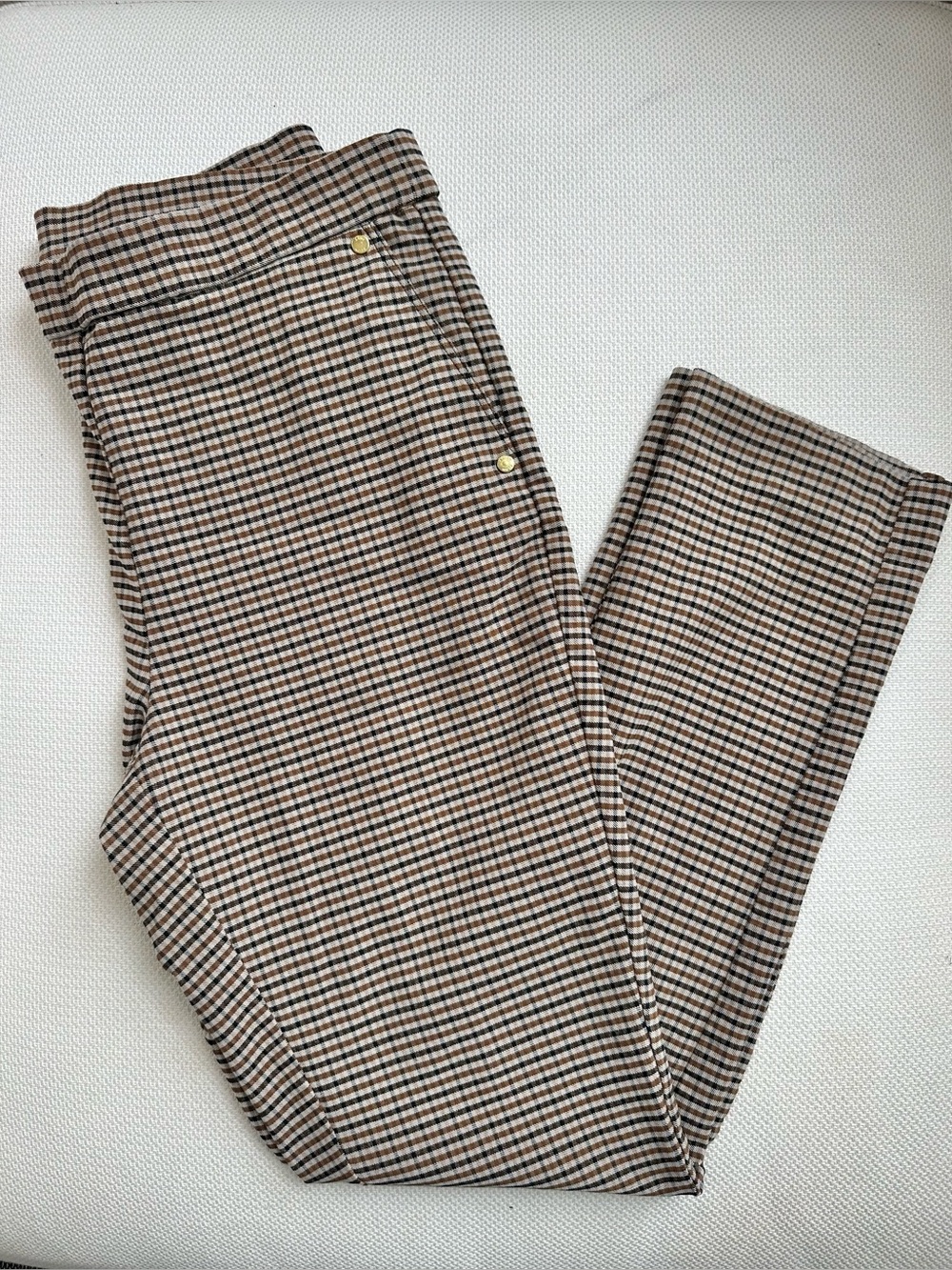 Anne Klein Pull On Houndstooth Plaid Stretch Pants Medium Brown Tan Plaid Preppy